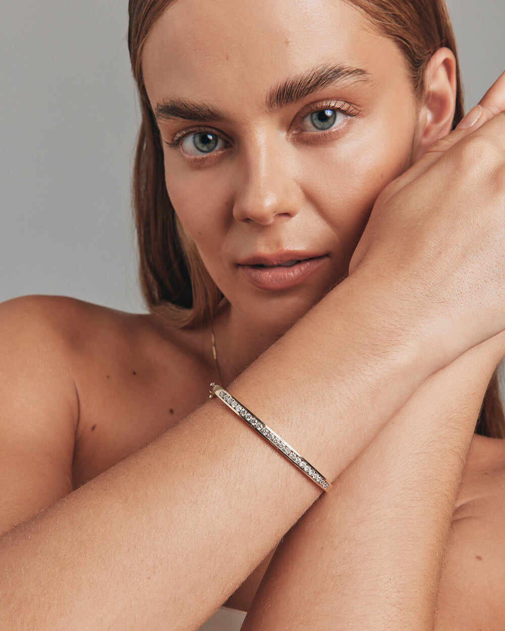 Lumière Round Brilliant Lab Grown Diamond Bangle Bracelet in 9K Yellow Gold My Store
