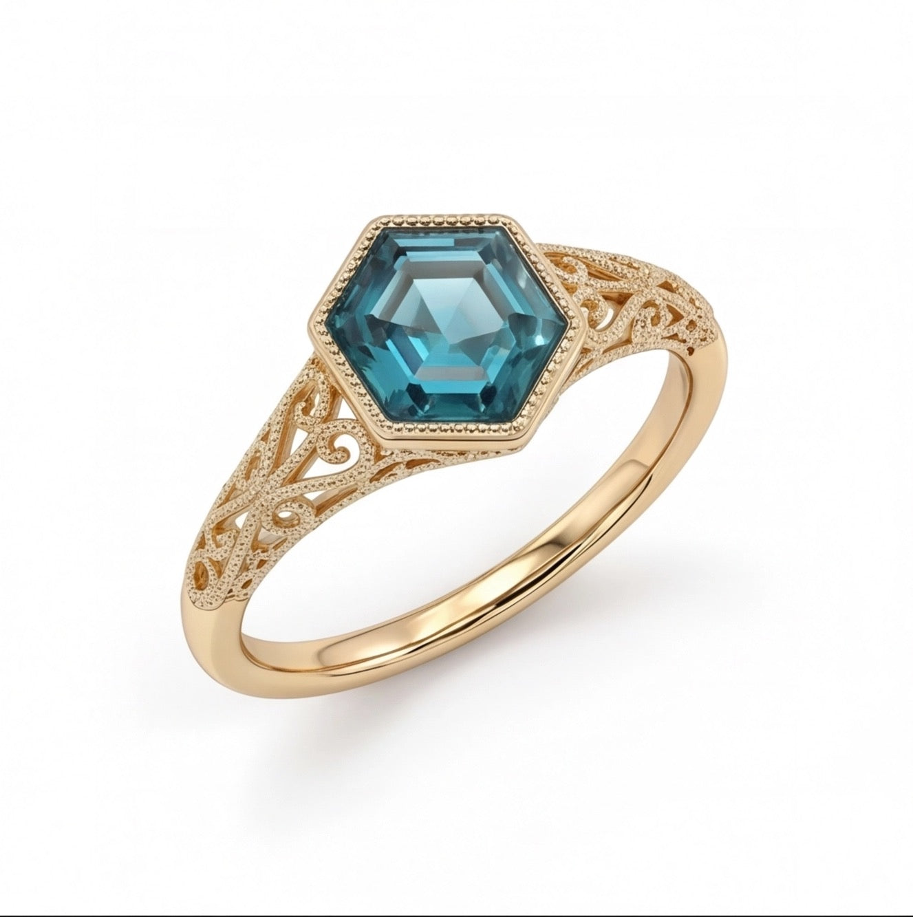 Ondine Hexagon Step Cut Teal Blue-Green Lab Sapphire Ring in Yellow Gold My Store