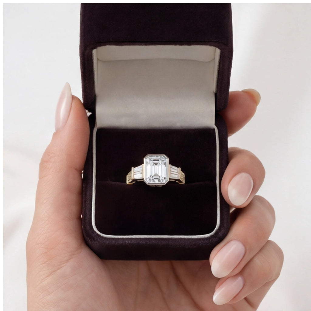 Aurore Emerald Cut Lab Grown Diamond Engagement Ring Art Deco bezel setting in Yellow Gold My Store