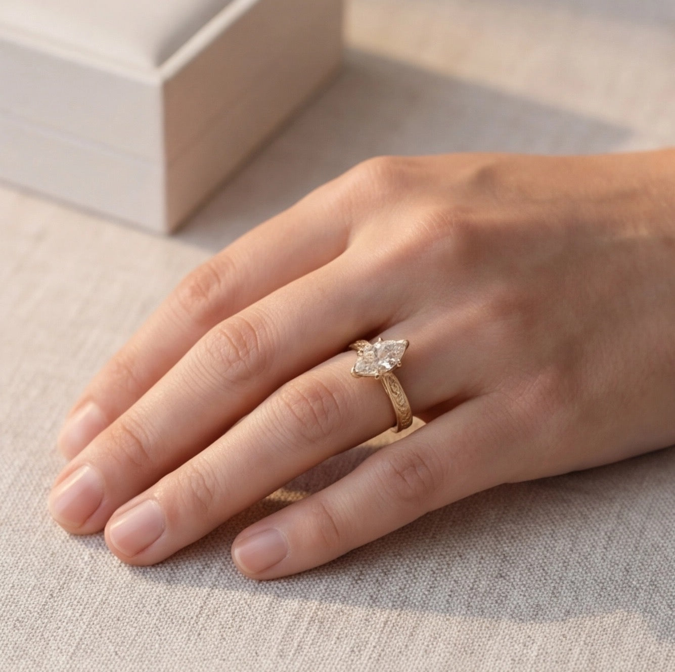 Laurier Marquise Lab Diamond Ring on Leaf-Engraved Band in Yellow Gold My Store