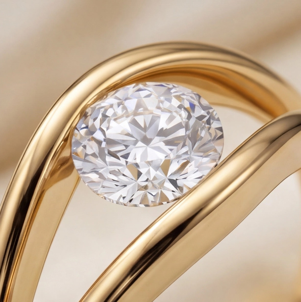 Onde Round Lab Diamond Ring on Double-Rail Bypass Band in Yellow Gold My Store