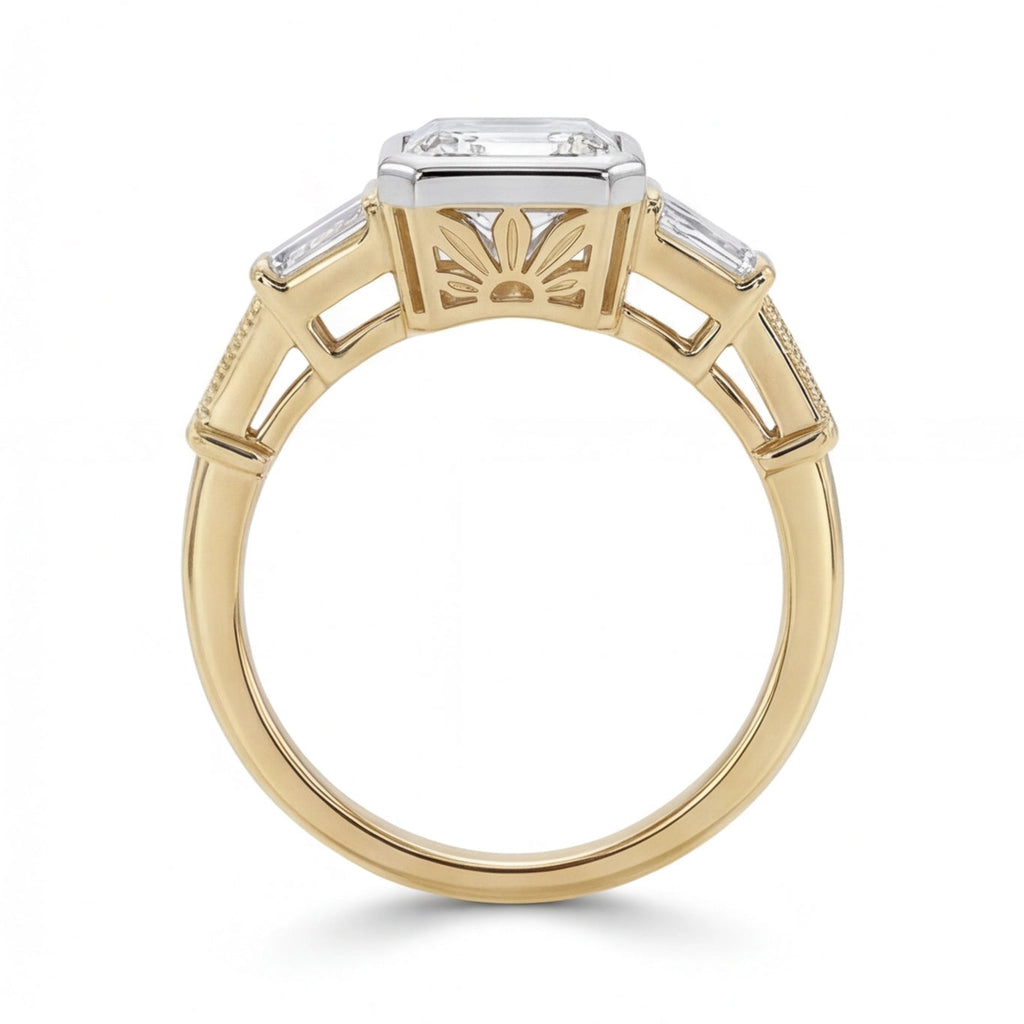 Aurore Emerald Cut Lab Grown Diamond Engagement Ring Art Deco bezel setting in Yellow Gold My Store