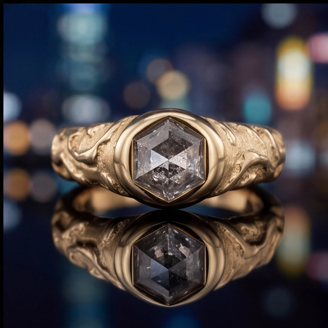 Brume Hexagonal Salt & Pepper Diamond Ring in Yellow Gold My Store