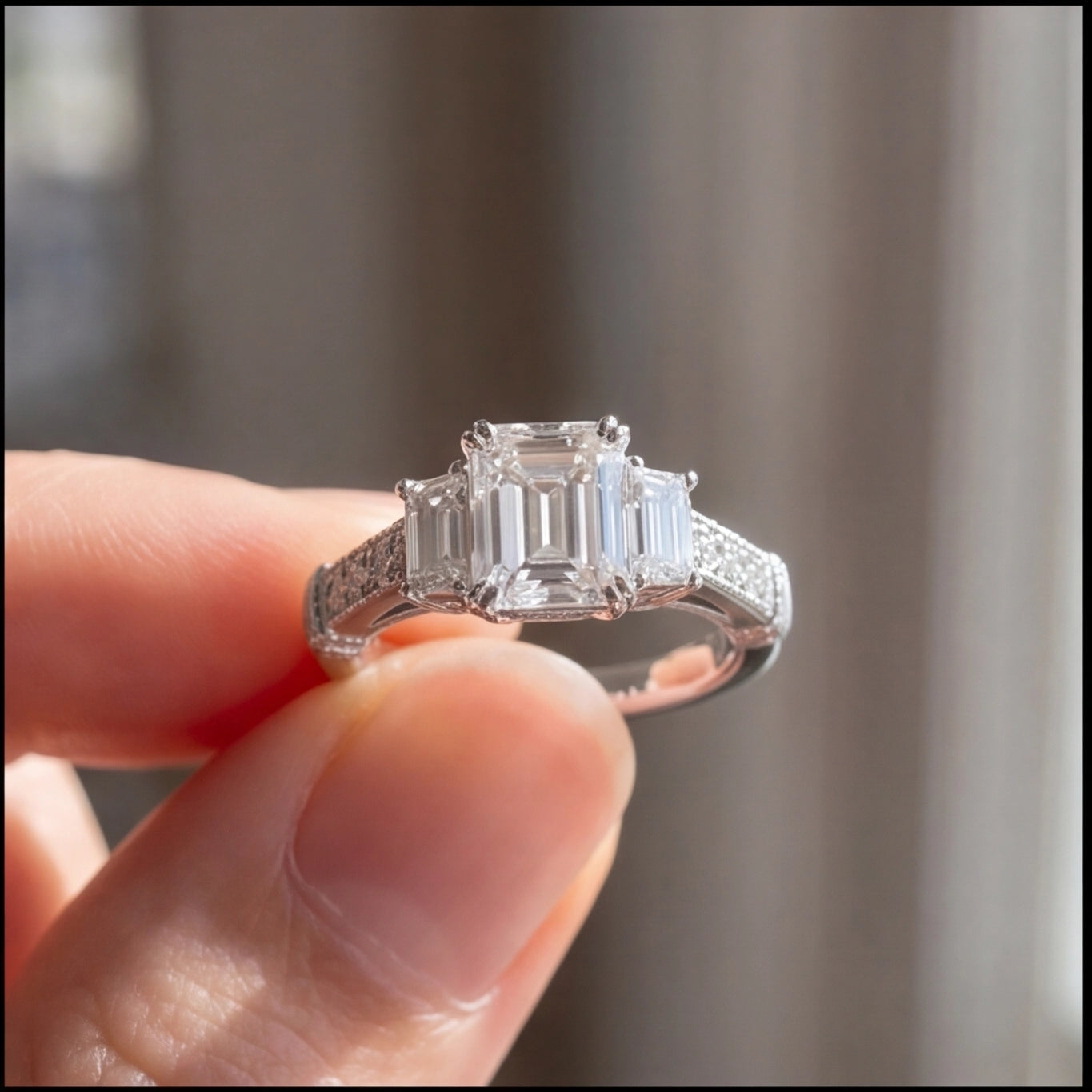 Trinité Emerald Cut Lab Grown Diamond Three-Stone Engagement Ring in White Gold My Store
