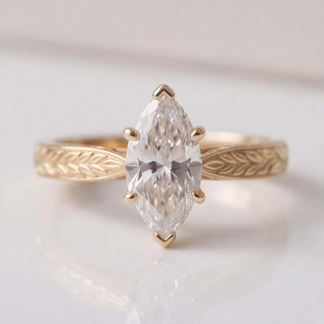 Laurier Marquise Lab Diamond Ring on Leaf-Engraved Band in Yellow Gold My Store