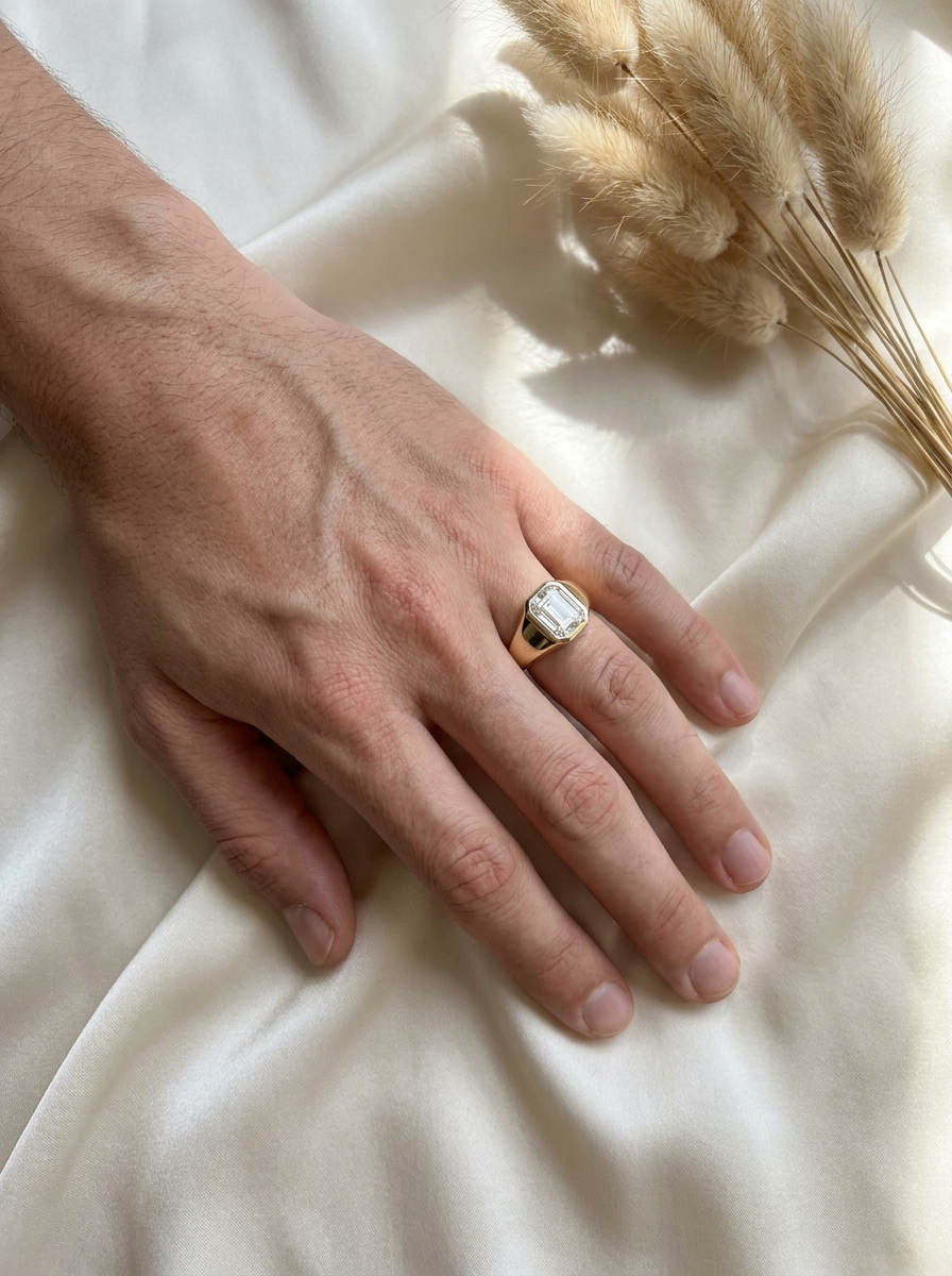 Sceau Emerald Cut Lab Grown Diamond Signet Ring in Yellow Gold My Store