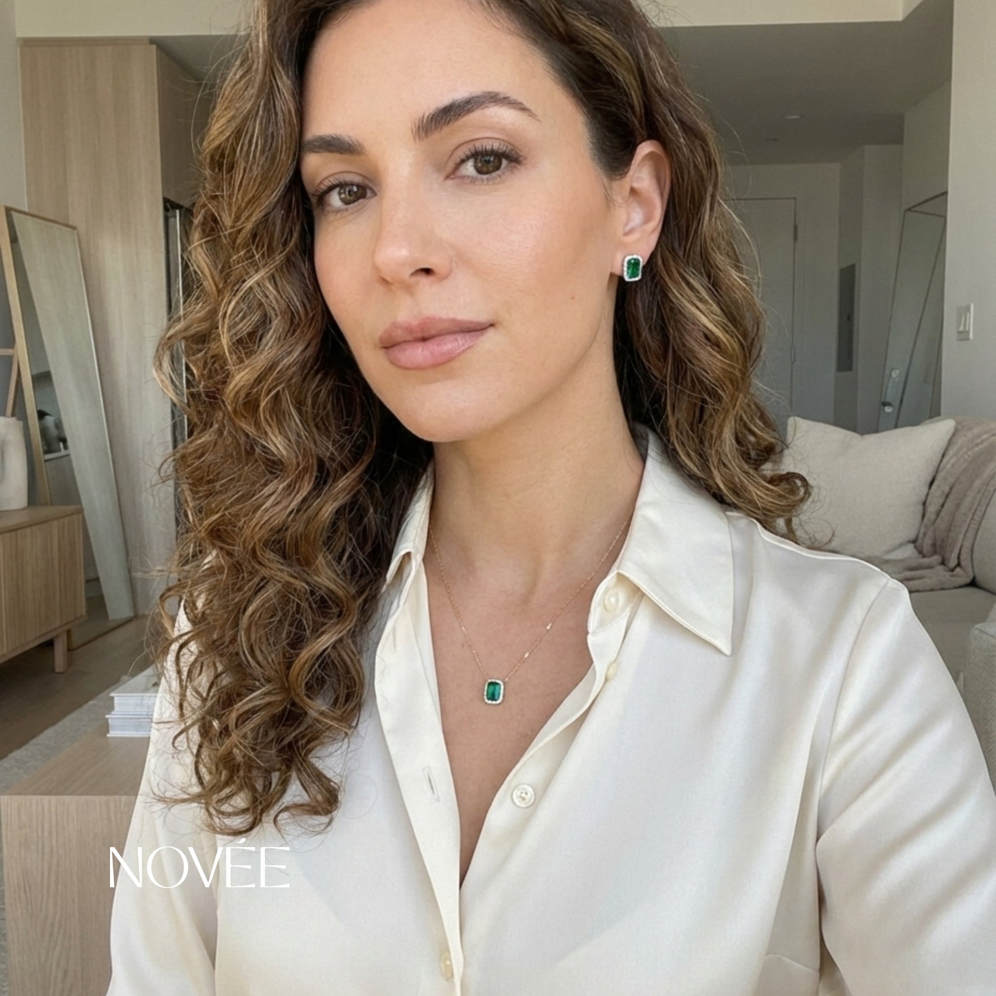 Emerald Green Halo Necklace & Stud Earrings Set in 18K Gold Diamond Halo Jewellery Gift Set