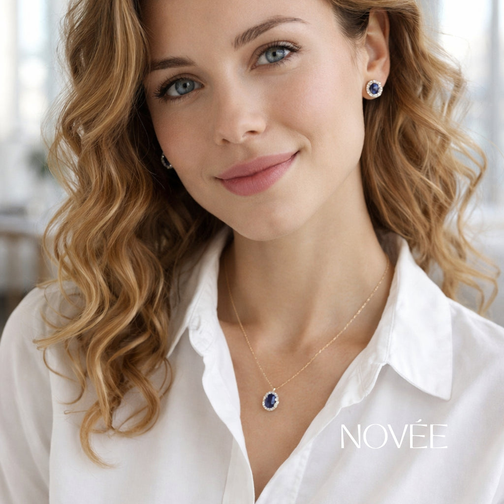 Blue Sapphire Halo Necklace & Stud Earrings Set in 18K Gold Diamond Halo Jewellery Gift Set