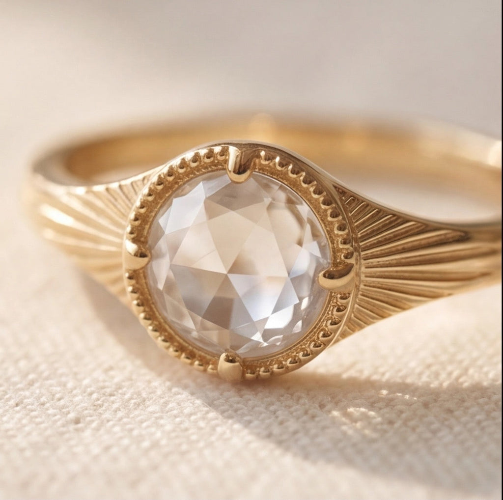 Soleil Rose Cut Lab Diamond Ring with Sunburst Band in Yellow Gold My Store