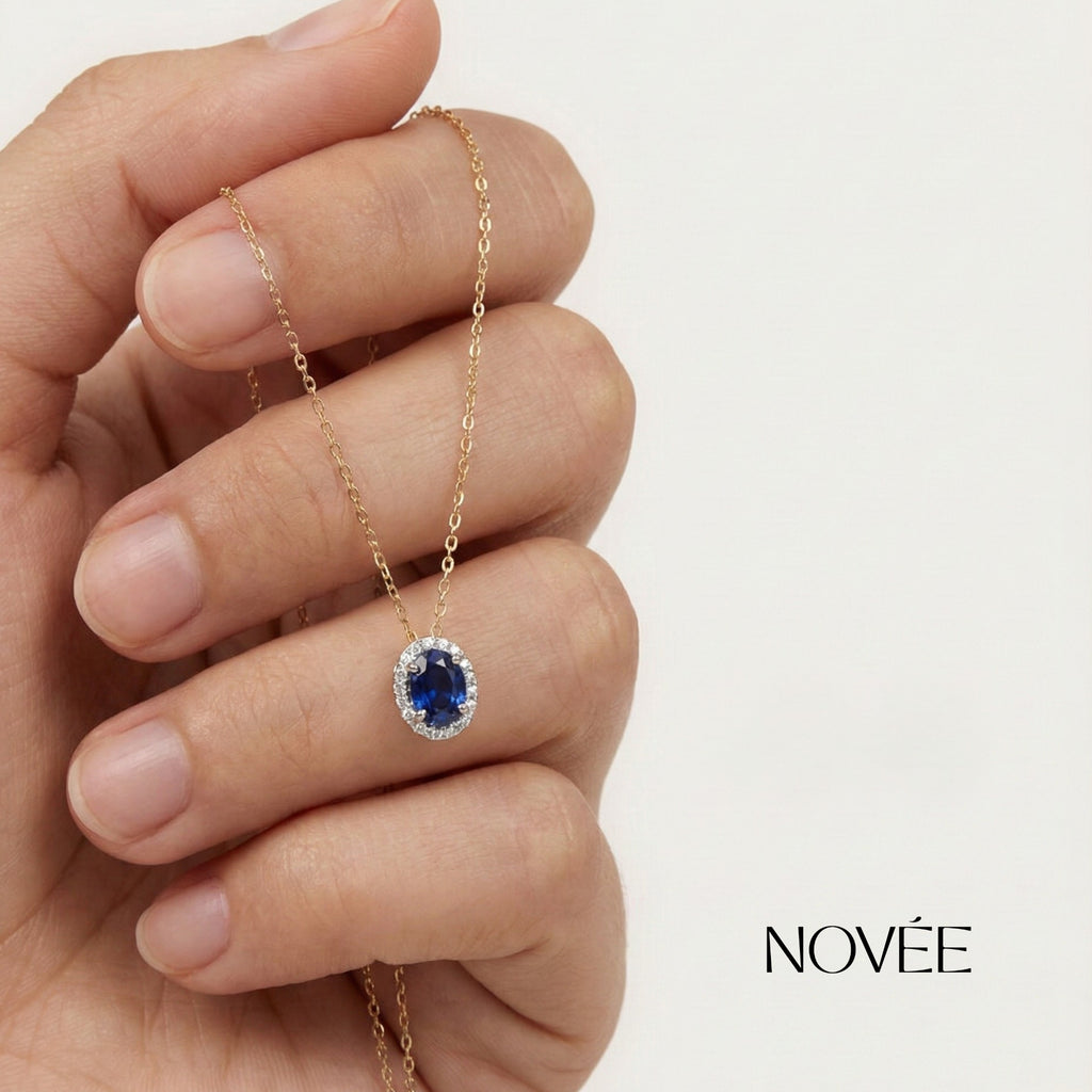 Blue Sapphire Halo Necklace & Stud Earrings Set in 18K Gold Diamond Halo Jewellery Gift Set