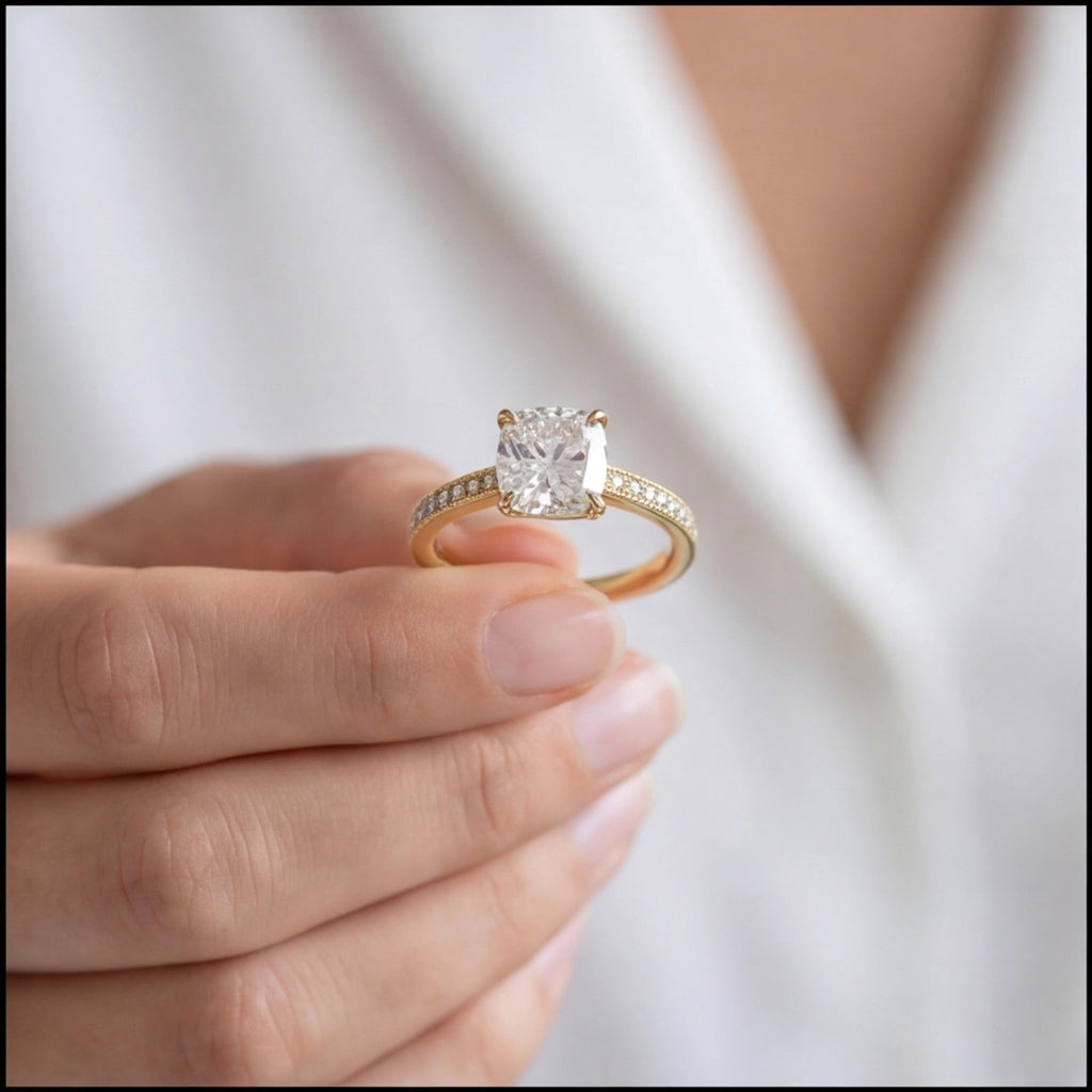 Velours Cushion Cut Lab Grown Diamond Engagement Ring in Yellow Gold My Store