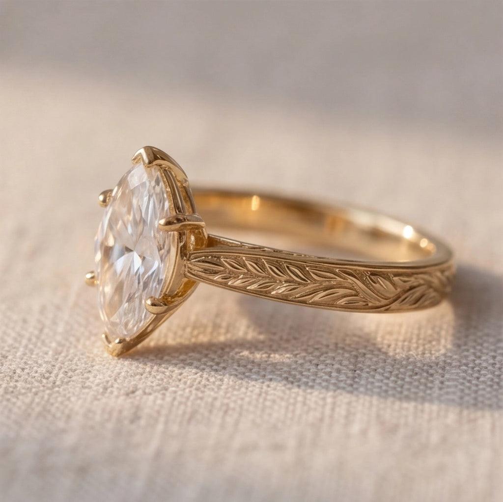 Laurier Marquise Lab Diamond Ring on Leaf-Engraved Band in Yellow Gold My Store