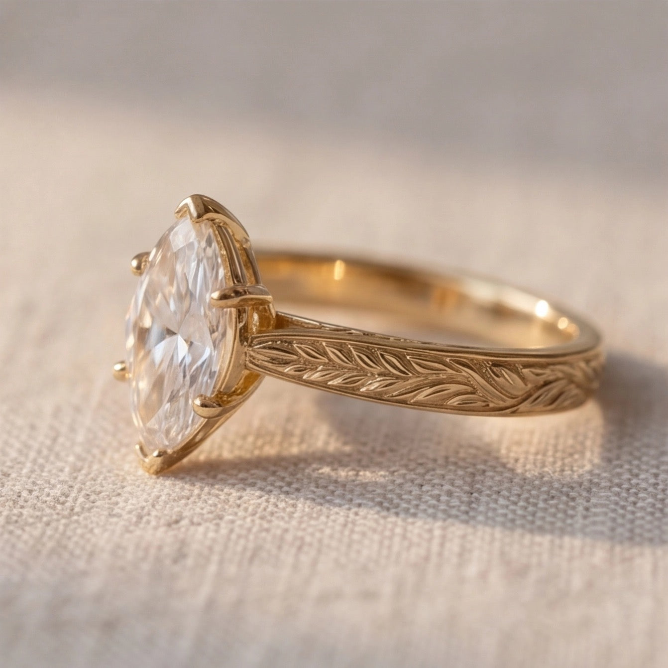 Laurier Marquise Lab Diamond Ring on Leaf-Engraved Band in Yellow Gold My Store