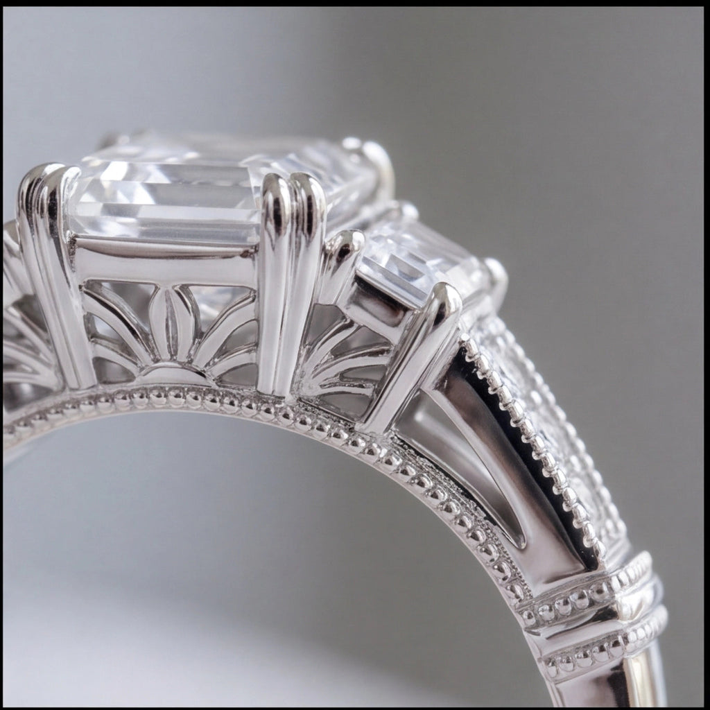 Trinité Emerald Cut Lab Grown Diamond Three-Stone Engagement Ring in White Gold My Store
