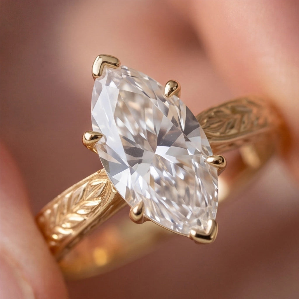 Laurier Marquise Lab Diamond Ring on Leaf-Engraved Band in Yellow Gold My Store