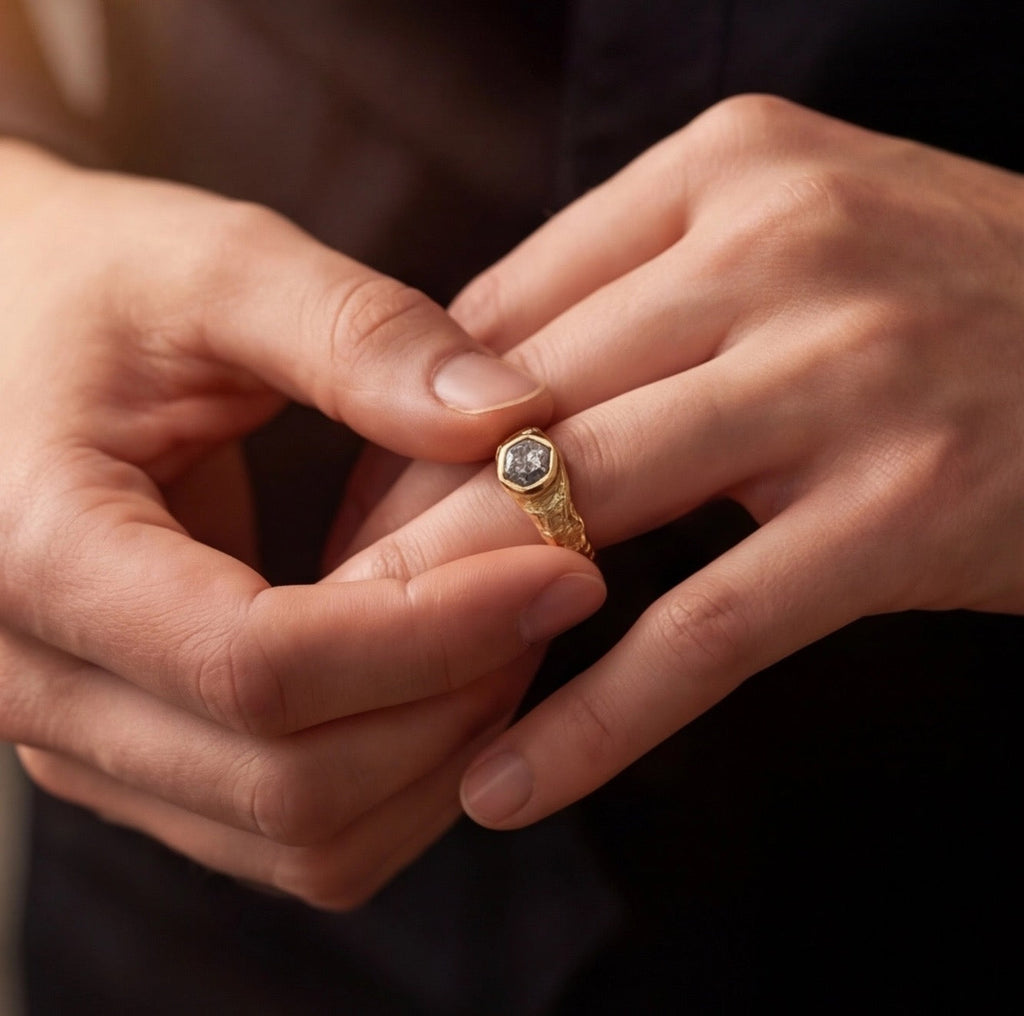 Brume Hexagonal Salt & Pepper Diamond Ring in Yellow Gold My Store