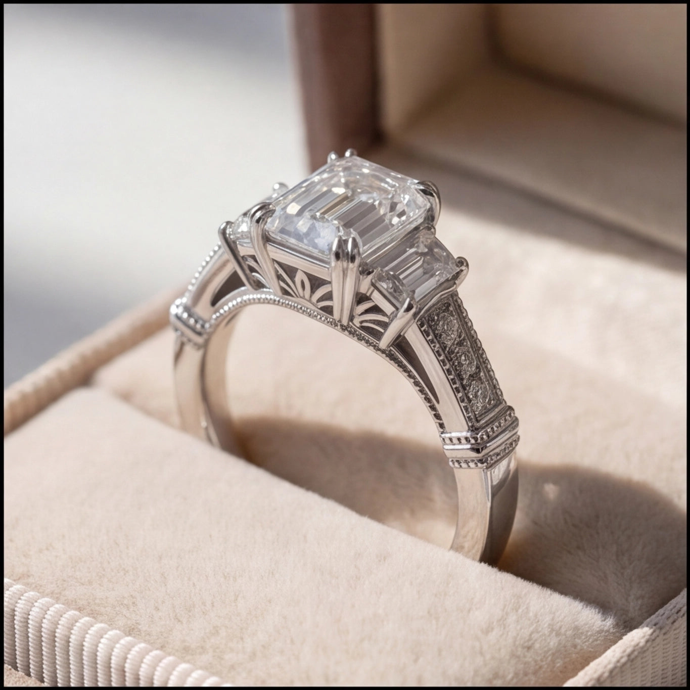 Trinité Emerald Cut Lab Grown Diamond Three-Stone Engagement Ring in White Gold My Store