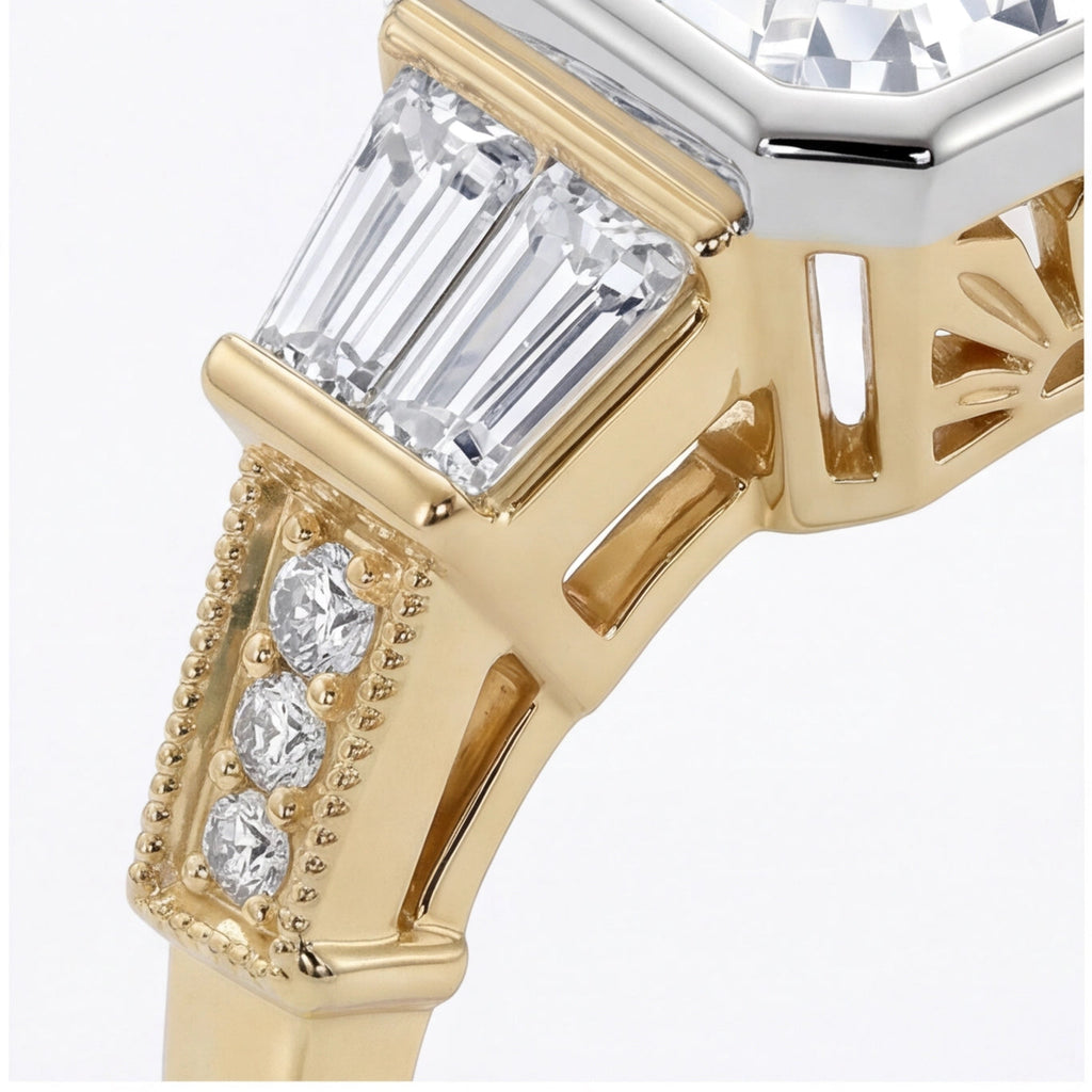 Aurore Emerald Cut Lab Grown Diamond Engagement Ring Art Deco bezel setting in Yellow Gold My Store
