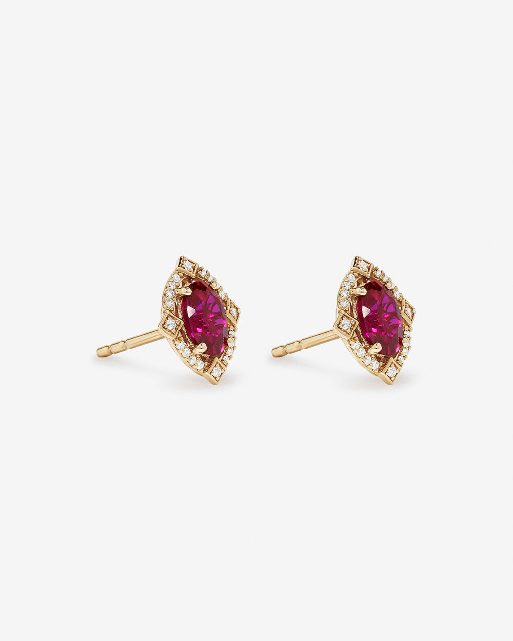 Marquise Ruby Halo Stud Earrings in Yellow Gold