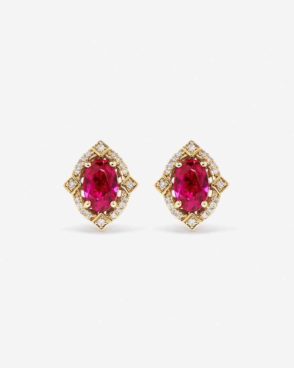 Marquise Ruby Halo Stud Earrings in Yellow Gold