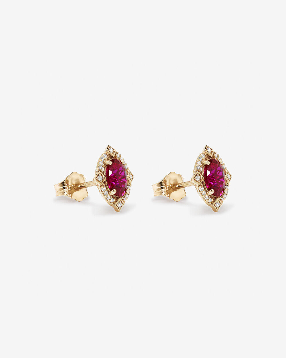 Marquise Ruby Halo Stud Earrings in Yellow Gold