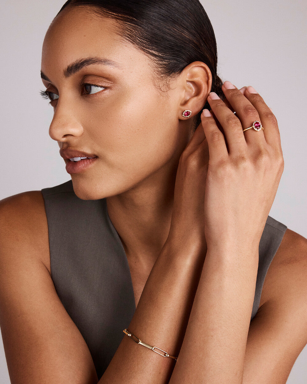 Marquise Ruby Halo Stud Earrings in Yellow Gold