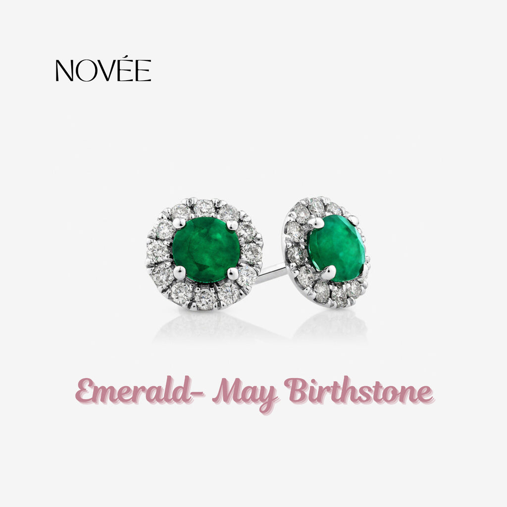 Emerald Halo Stud Earrings in Gold Round Green Gemstone with Diamond Halo