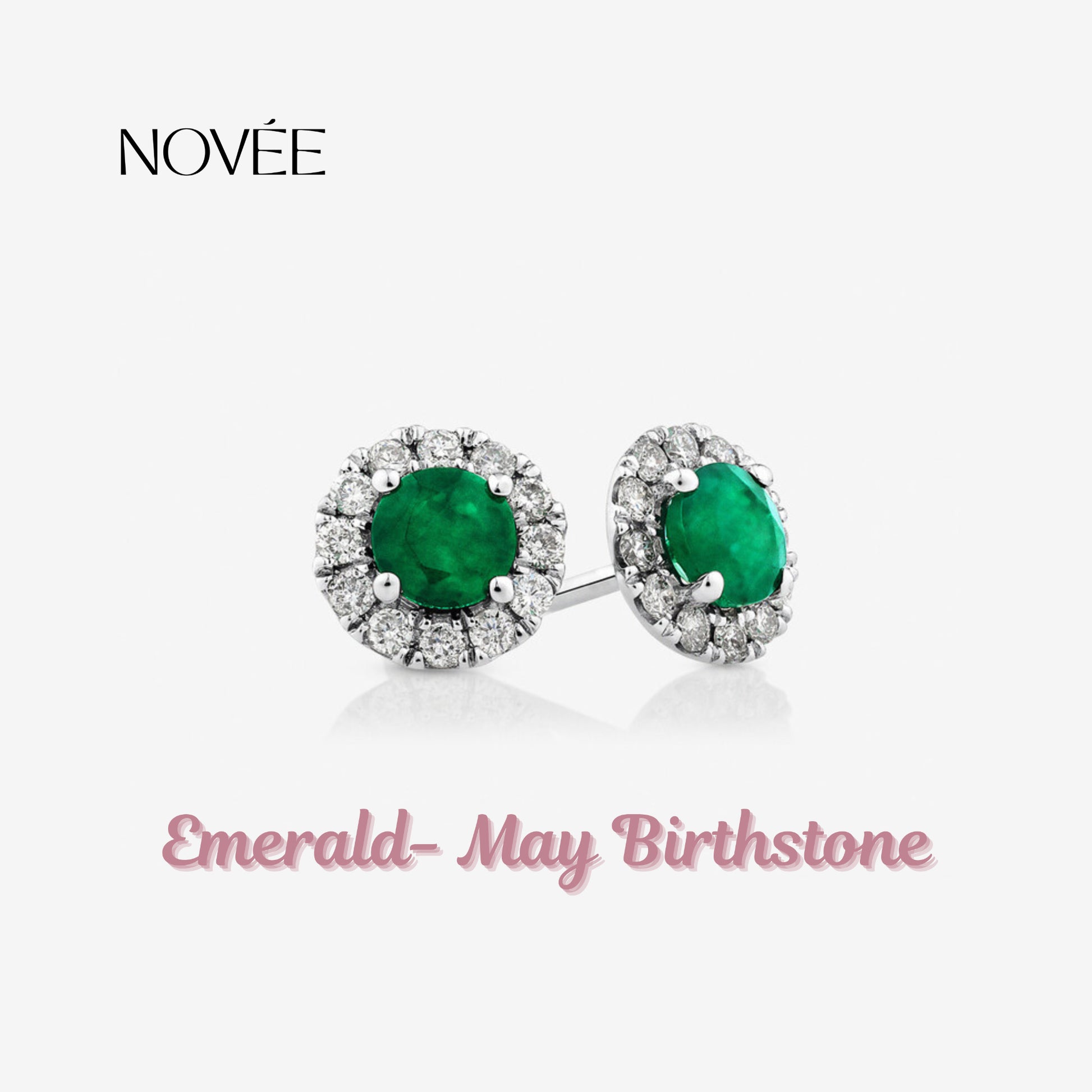 Emerald Halo Stud Earrings in Gold Round Green Gemstone with Diamond Halo
