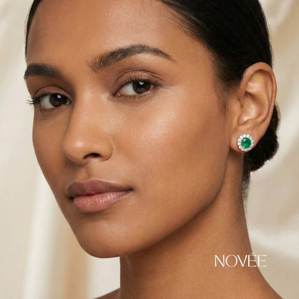 Emerald Halo Stud Earrings in Gold Round Green Gemstone with Diamond Halo