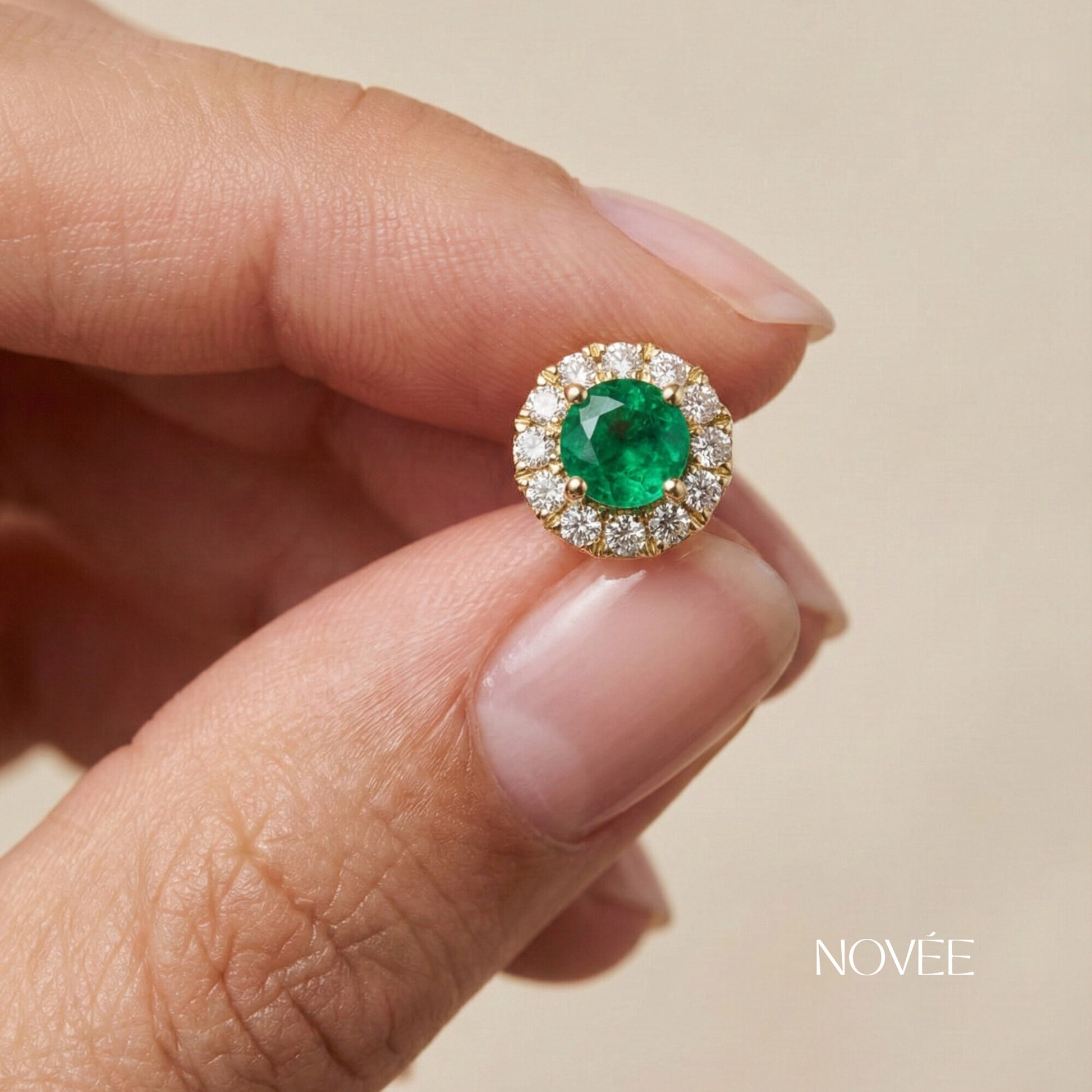 Emerald Halo Stud Earrings in Gold Round Green Gemstone with Diamond Halo