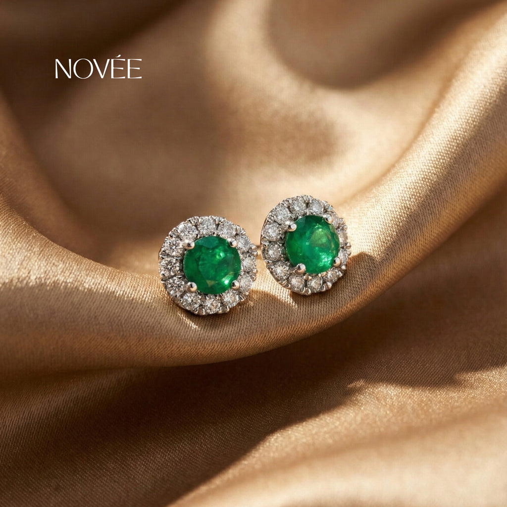 Emerald Halo Stud Earrings in Gold Round Green Gemstone with Diamond Halo