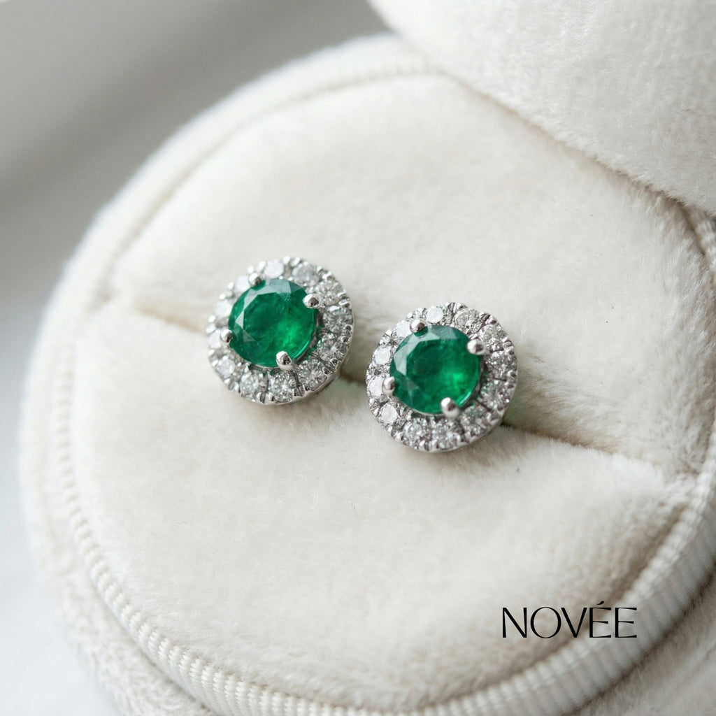 Emerald Halo Stud Earrings in Gold Round Green Gemstone with Diamond Halo