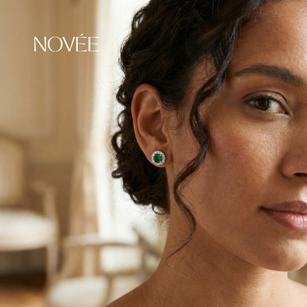 Emerald Halo Stud Earrings in Gold Round Green Gemstone with Diamond Halo