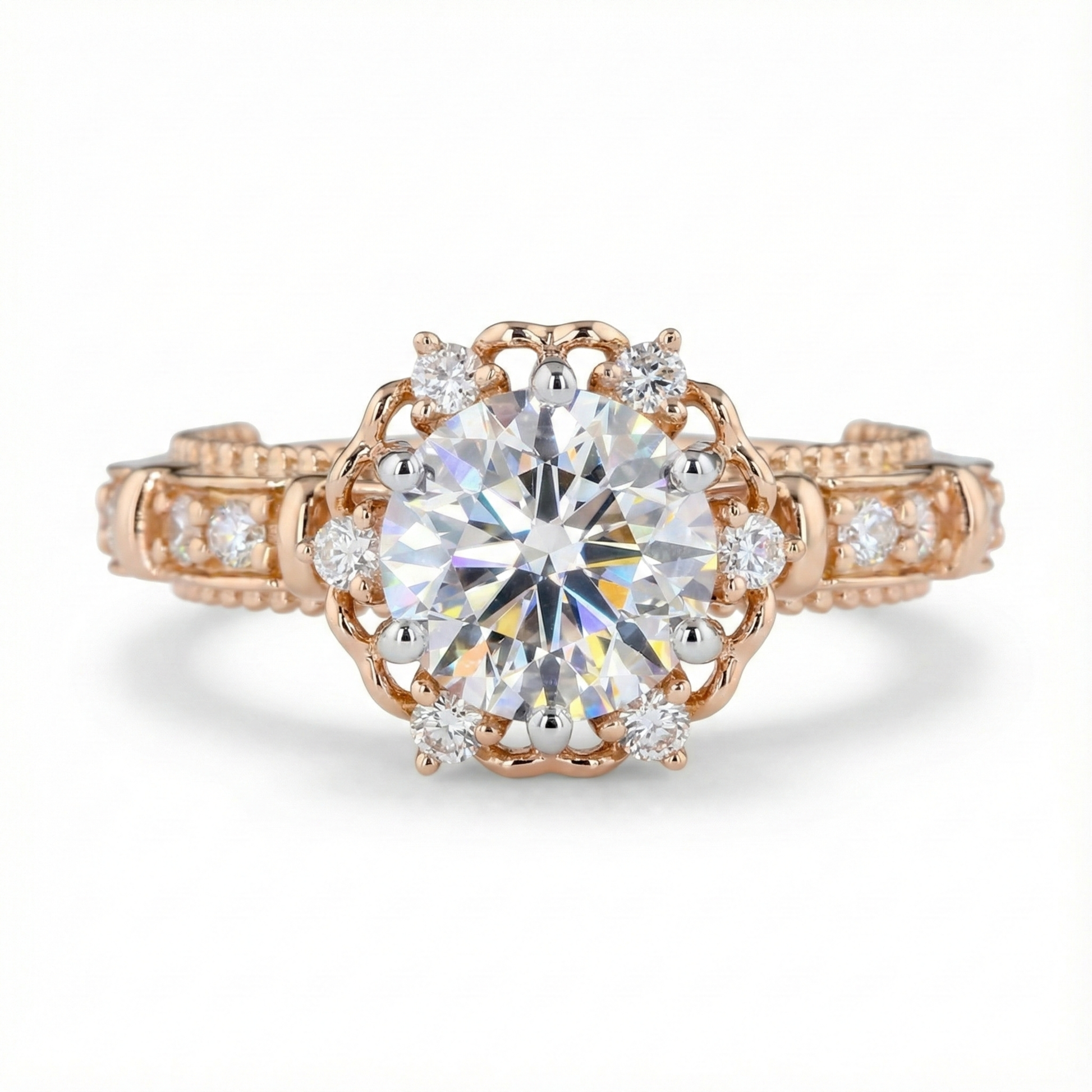 Vintage Rose Gold Diamond Engagement Ring Floral Halo Design with Round Brilliant Center Stone