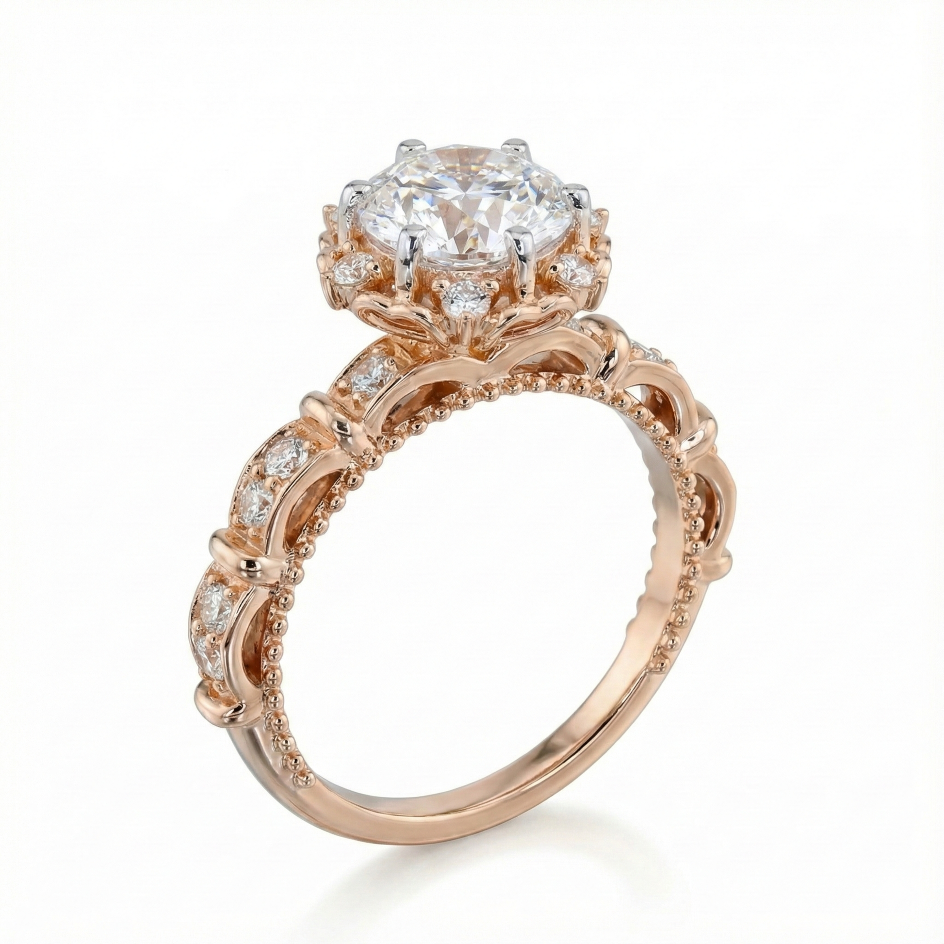 Vintage Rose Gold Diamond Engagement Ring Floral Halo Design with Round Brilliant Center Stone