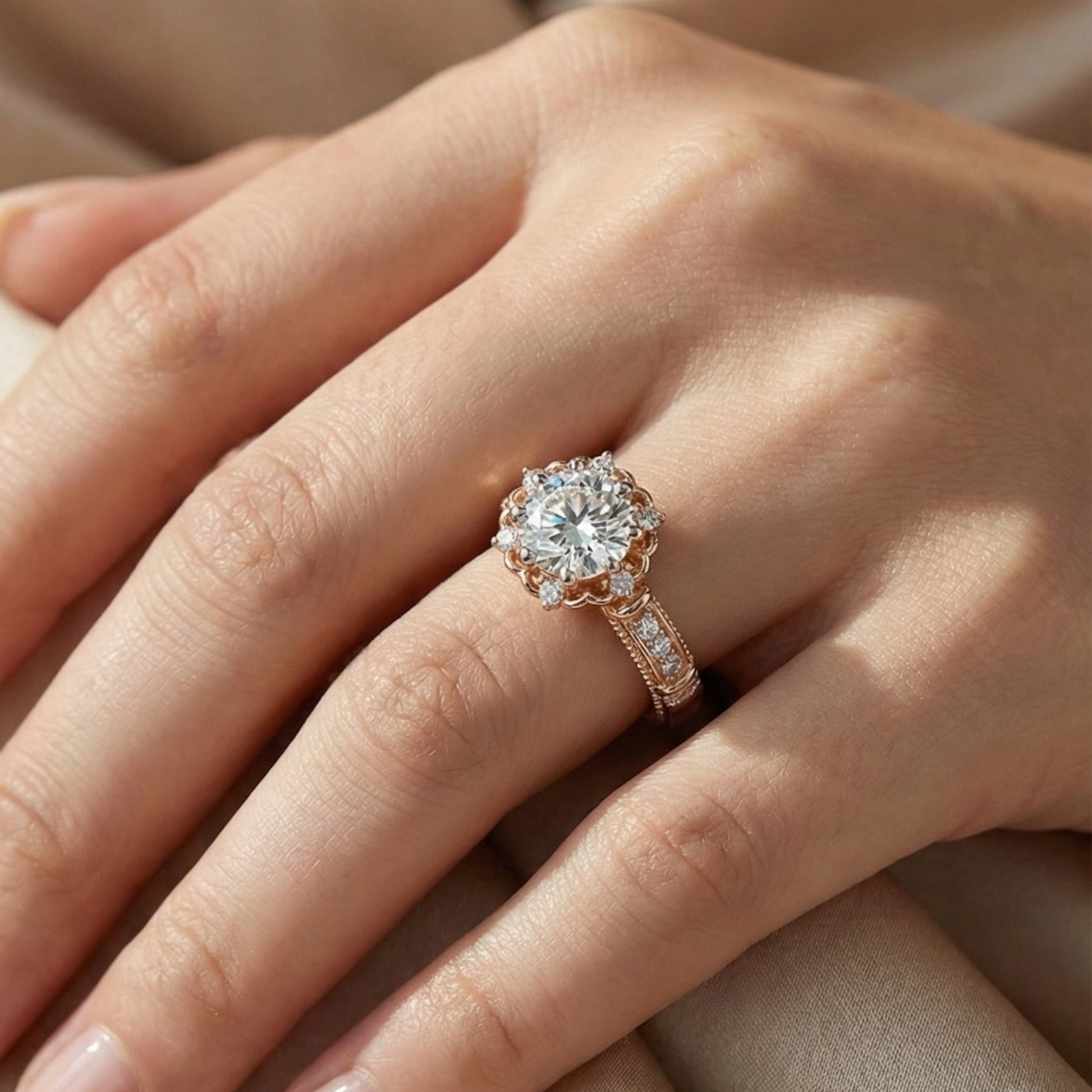 Vintage Rose Gold Diamond Engagement Ring Floral Halo Design with Round Brilliant Center Stone