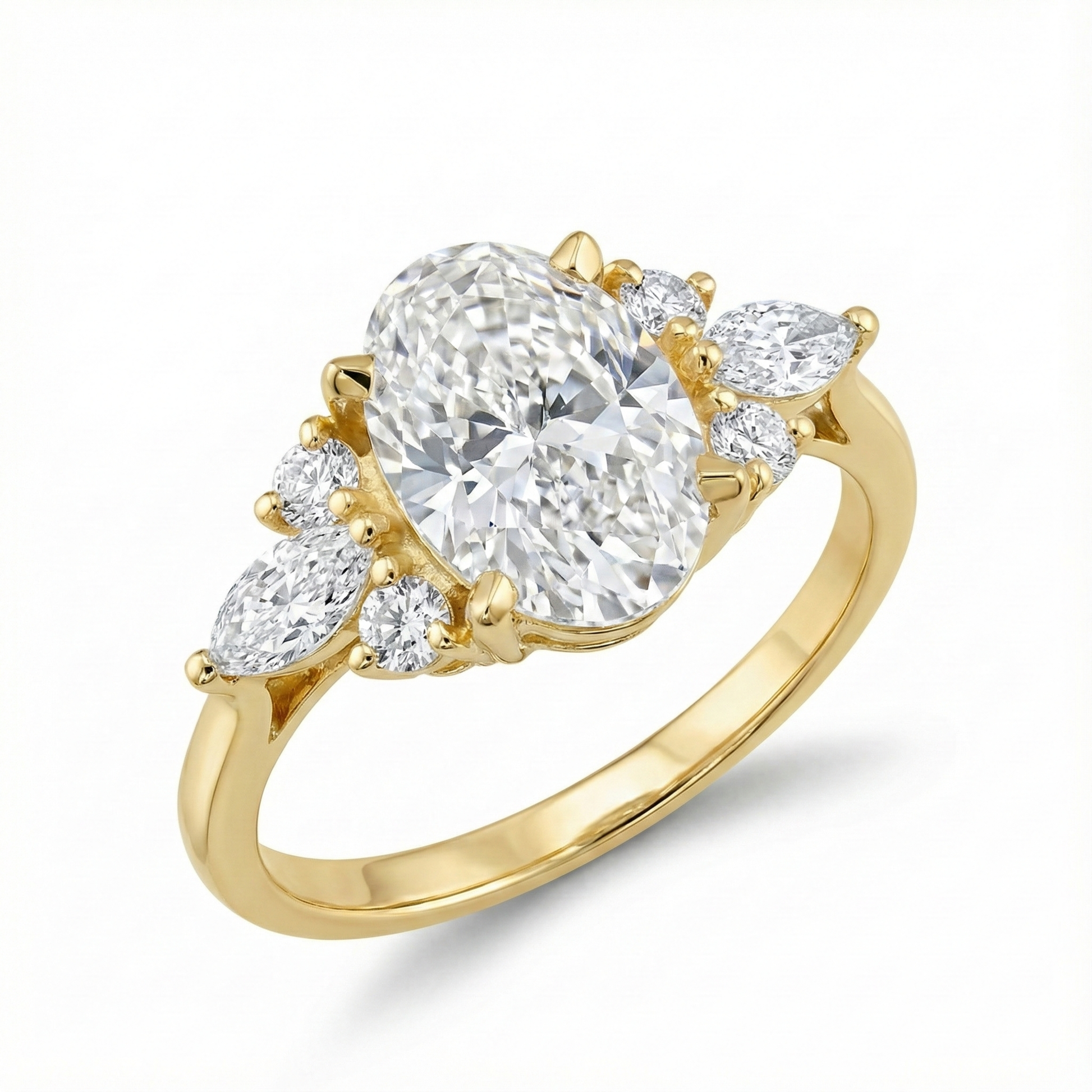 Oval Diamond Cluster Engagement Ring in Yellow Gold Marquise & Round Side Stones