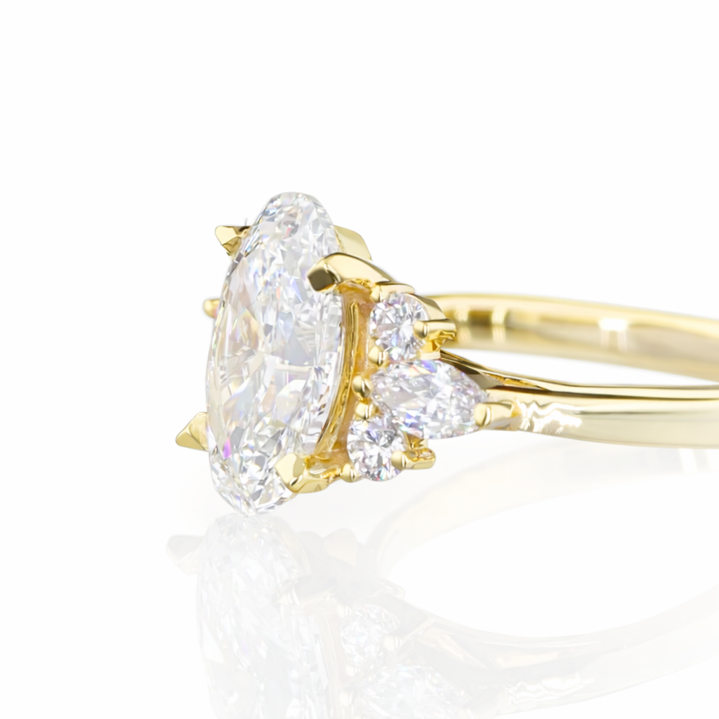 Oval Diamond Cluster Engagement Ring in Yellow Gold Marquise & Round Side Stones
