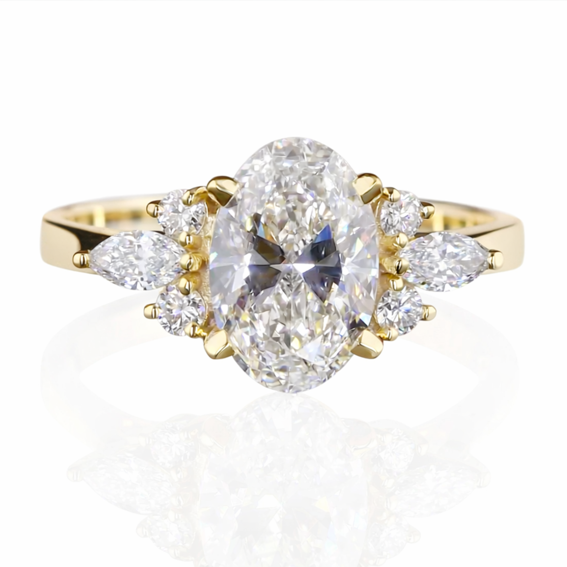 Oval Diamond Cluster Engagement Ring in Yellow Gold Marquise & Round Side Stones