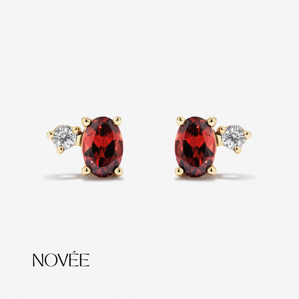 Red Garnet Stud Earrings With Diamond Accent In Gold