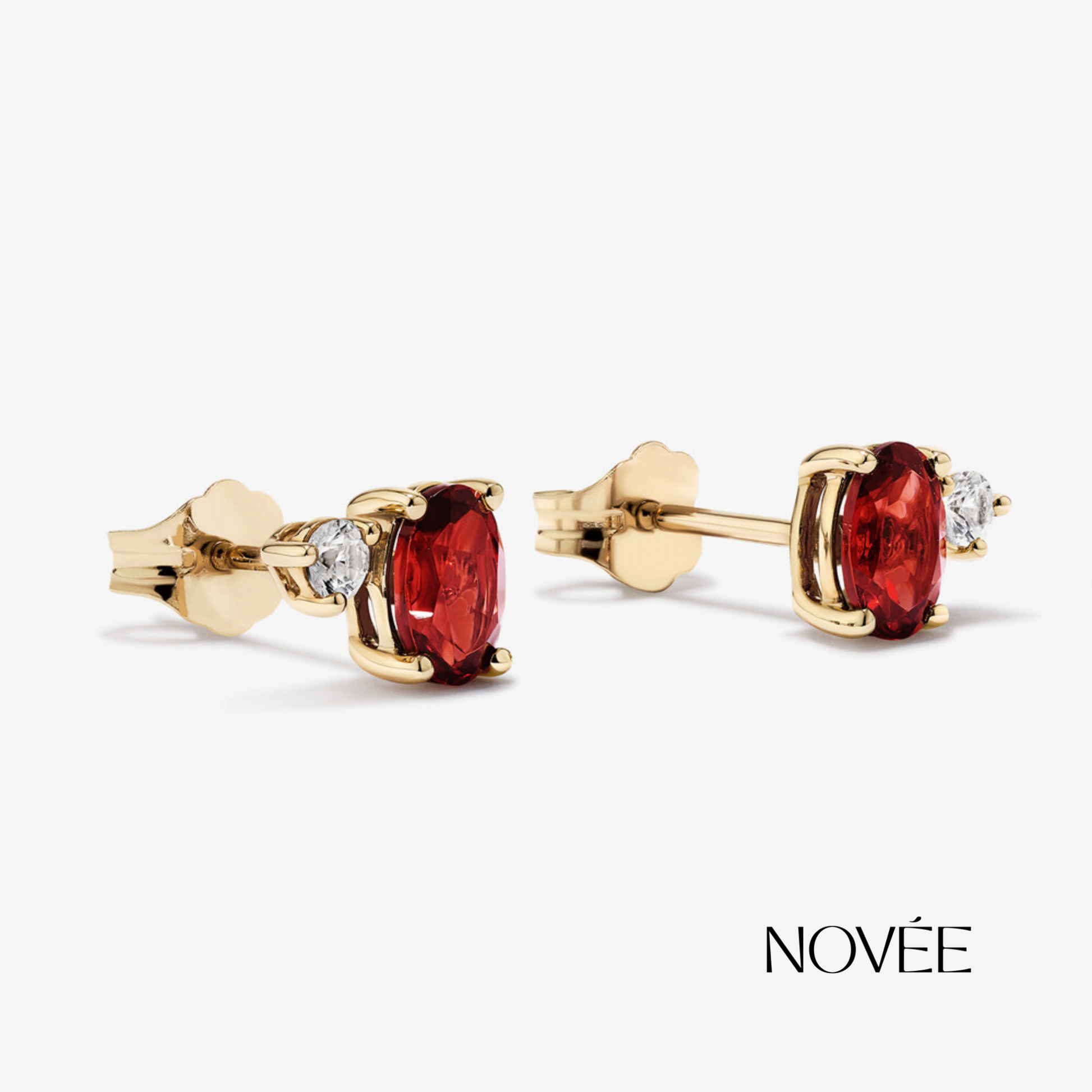 Red Garnet Stud Earrings With Diamond Accent In Gold
