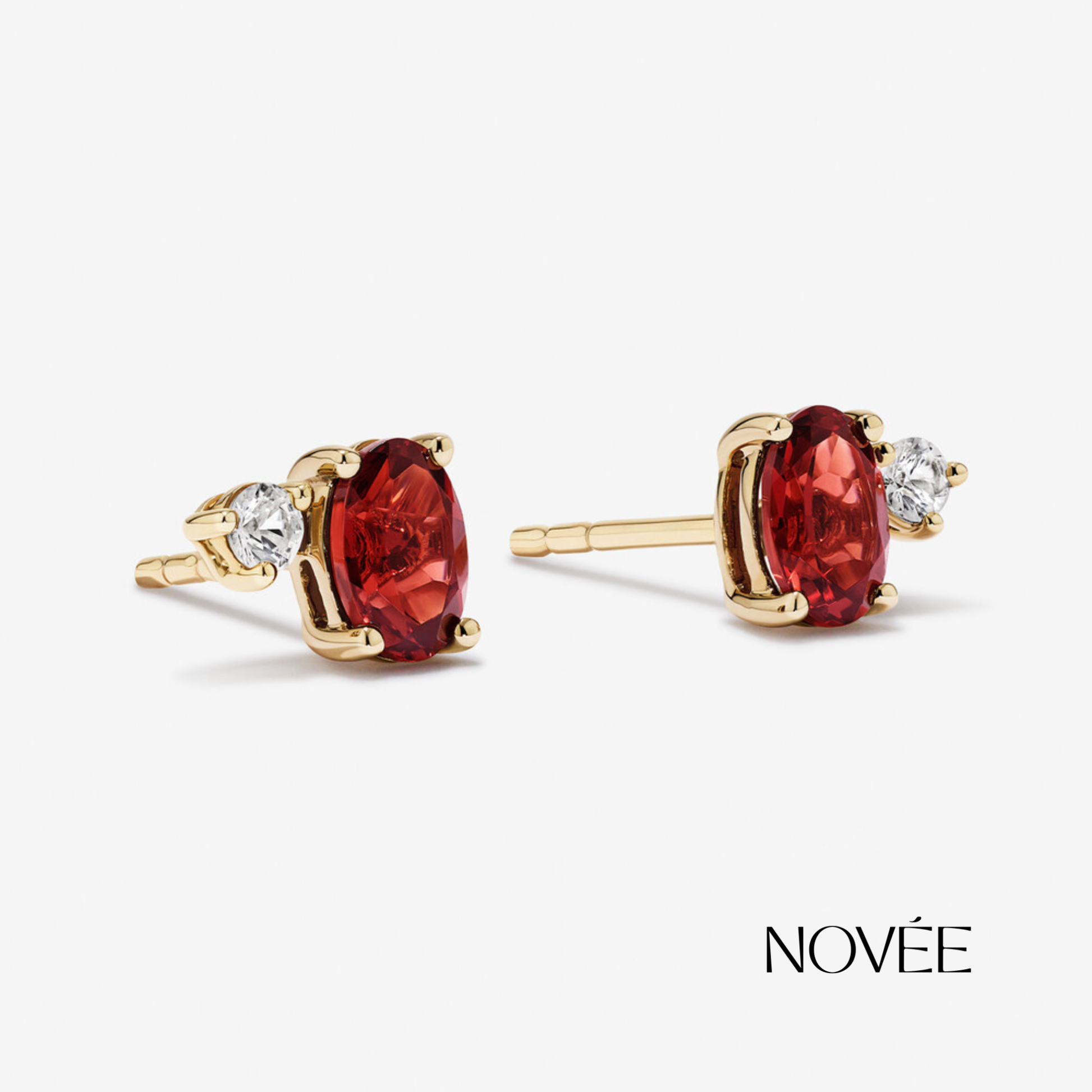 Red Garnet Stud Earrings With Diamond Accent In Gold