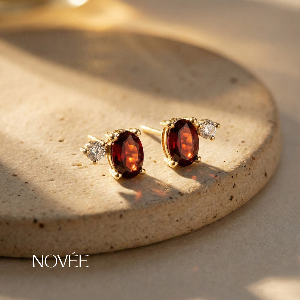 Red Garnet Stud Earrings With Diamond Accent In Gold