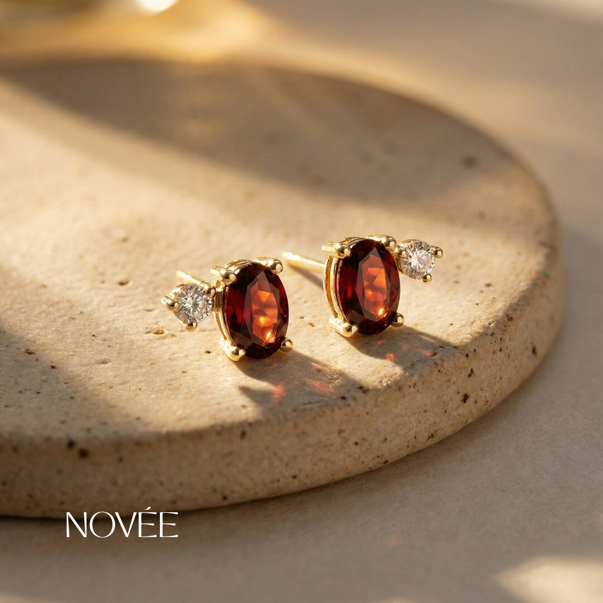 Red Garnet Stud Earrings With Diamond Accent In Gold