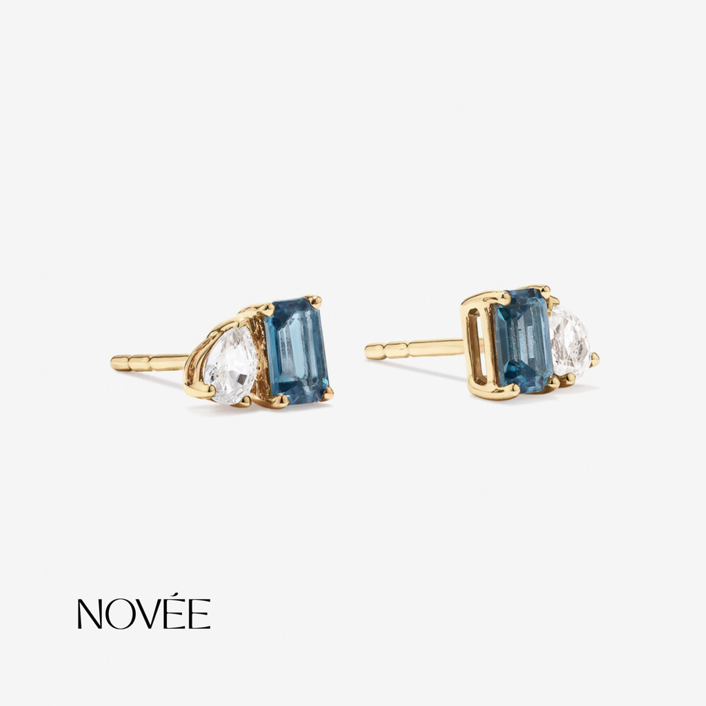 Blue Sapphire Stud Earrings With Pear Diamond Accent In Gold