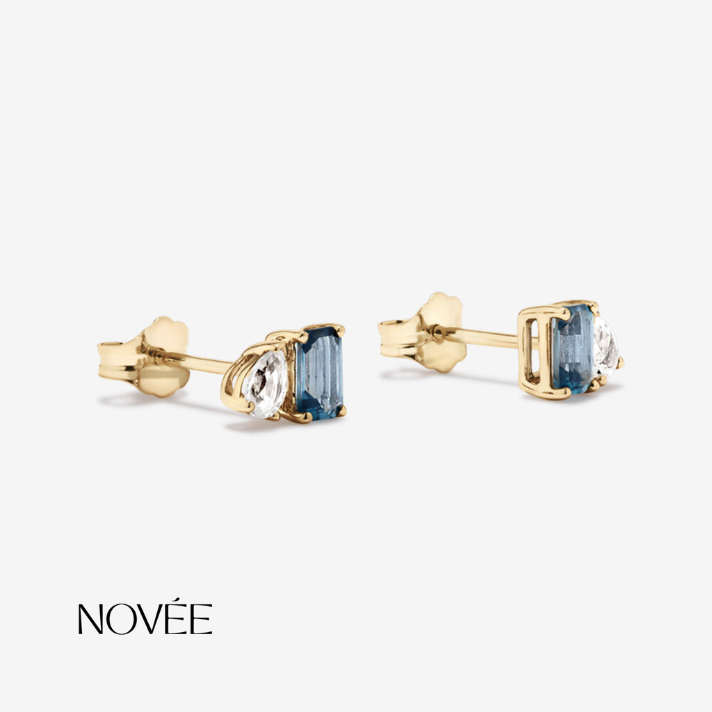 Blue Sapphire Stud Earrings With Pear Diamond Accent In Gold