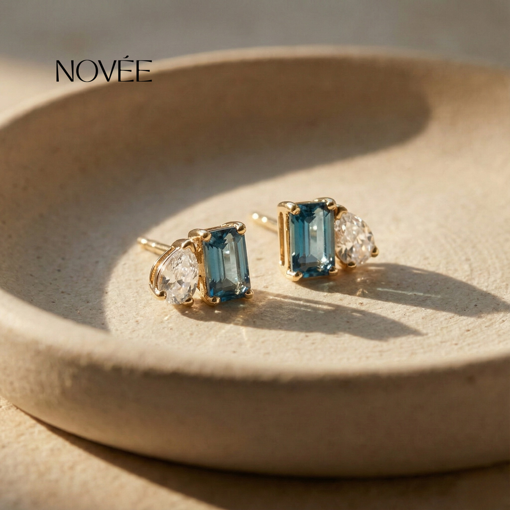 Blue Sapphire Stud Earrings With Pear Diamond Accent In Gold