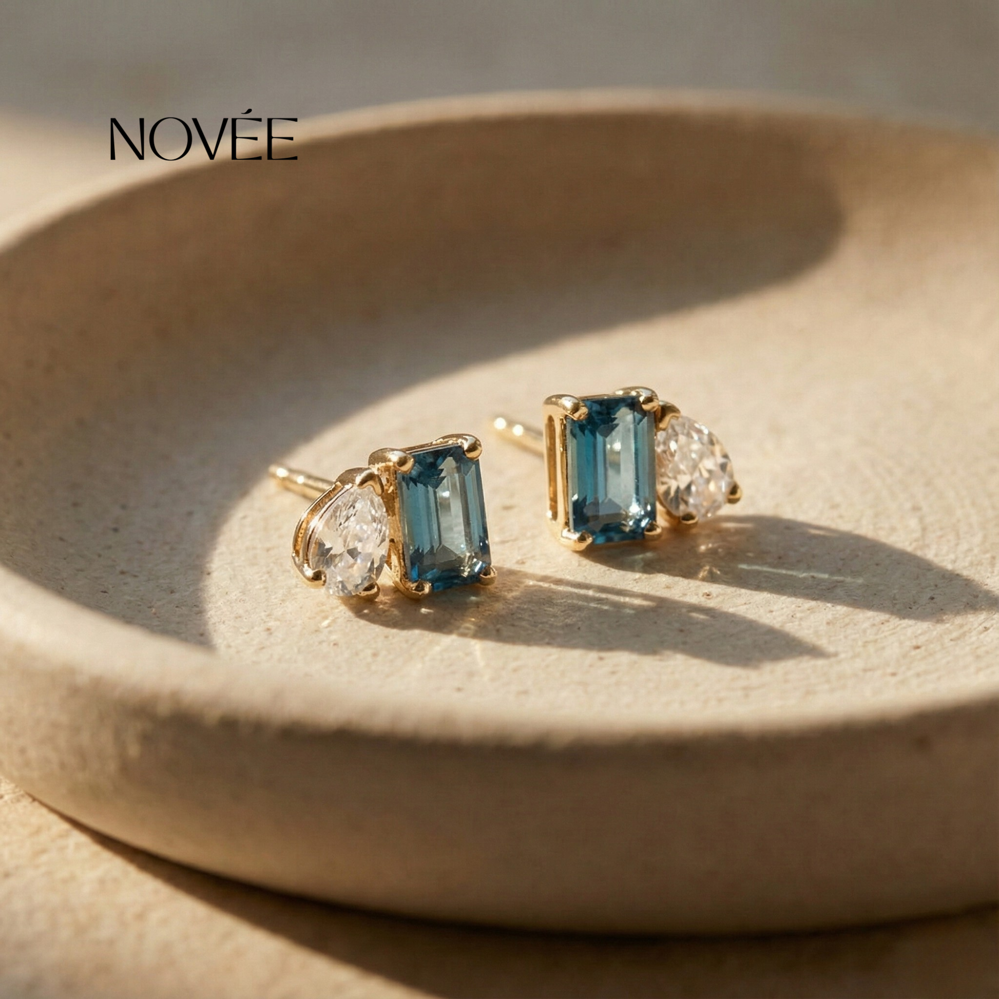 Blue Sapphire Stud Earrings With Pear Diamond Accent In Gold