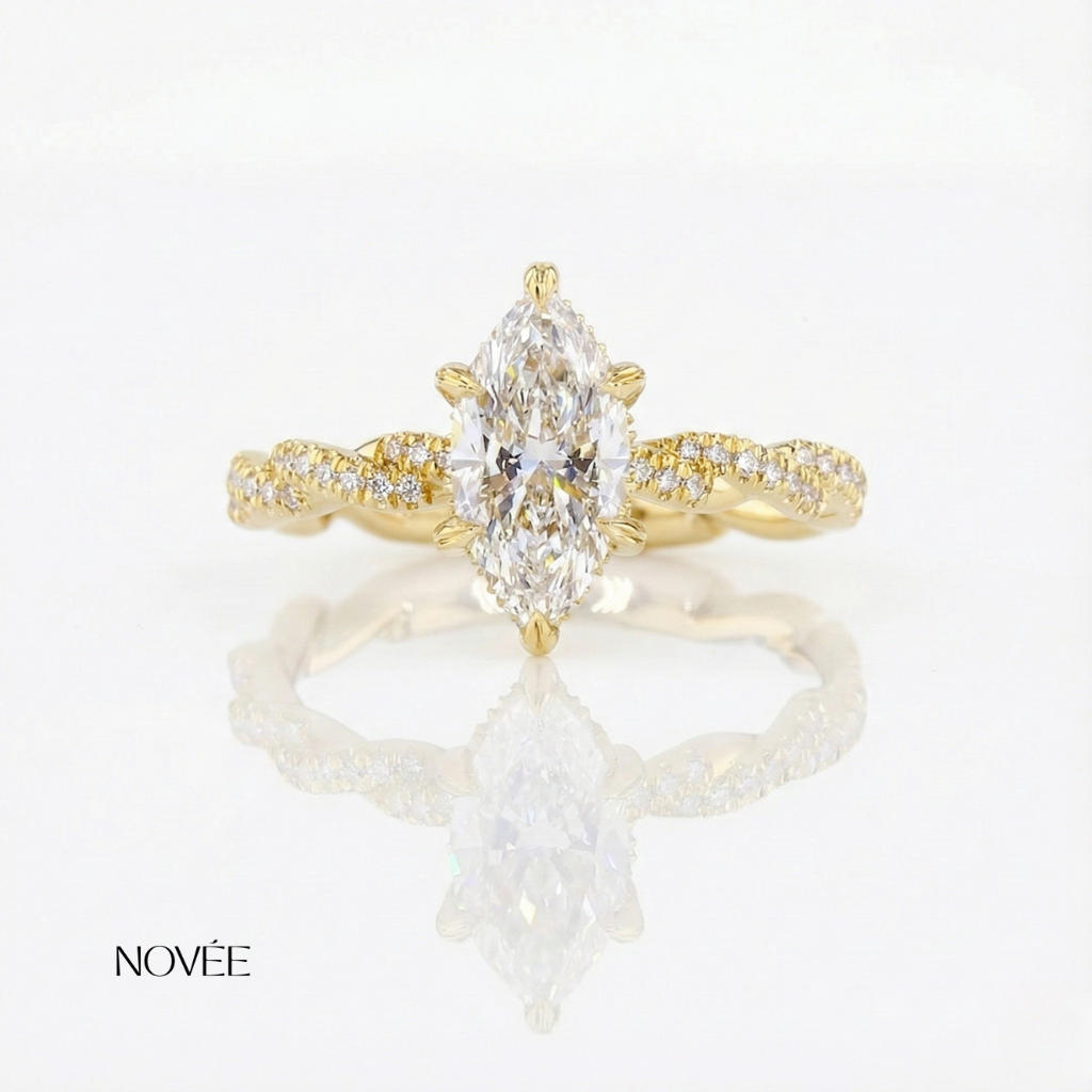 Marquise Diamond Engagement Ring in 18K Yellow Gold Twisted Pavé Band Luxury Ring