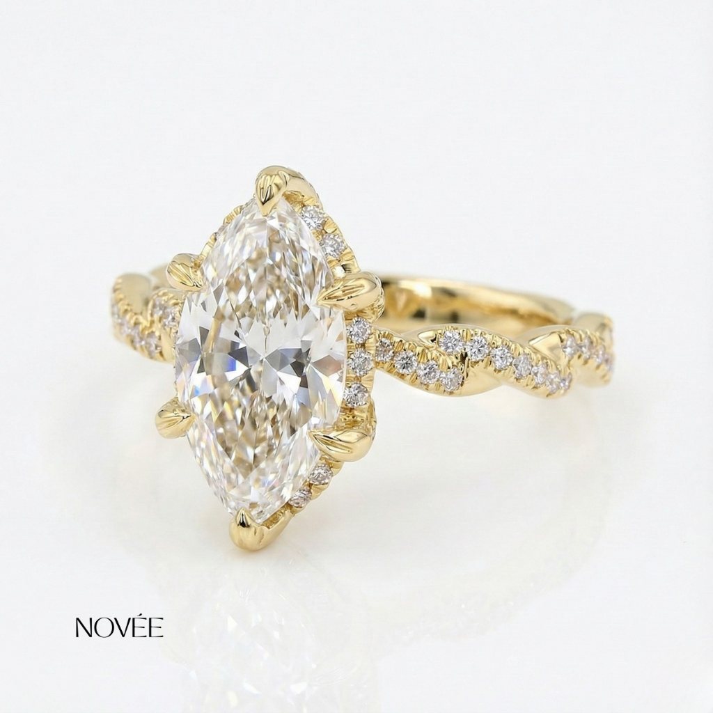 Marquise Diamond Engagement Ring in 18K Yellow Gold Twisted Pavé Band Luxury Ring